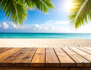 Wooden table on tropical beach