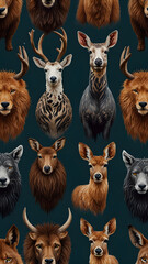 Naklejka premium Plate filled with different animal species ready for display or use in a presentation, a group of diverse animals, including a giraffe, lion, zebra and looking directly at the camera.