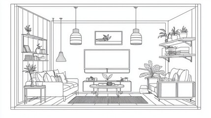 Line drawing of a modern living room interior design.
