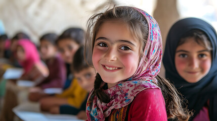 Young girl in colorful headscarf smiles brightly in a classroom setting