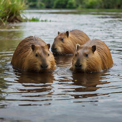 A family of capybaras relaxing at the edge of a river, some submerged in the water with only their eyes and nostrils showing. Natural lighting, serene atmosphere.
