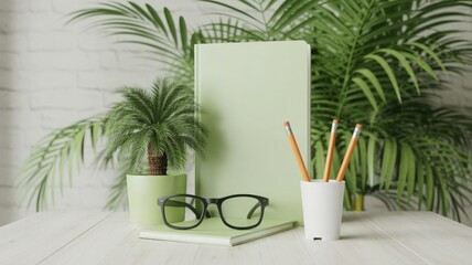 Sage green notebook mockup with pencils plant and glasses on white table