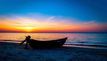 Fototapeta premium Silhouetted abandoned motorboat on tranquil seashore at sunset, deep blue sky, orange horizon, vacation, summer