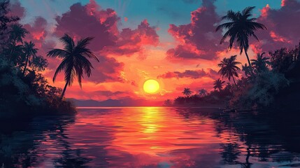 Digital painting of a summer oasis with colorful sunset sky and palm reflections in water  