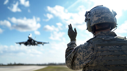 soldier in military uniform signals to departing aircraft against clear blue sky, showcasing teamwork and precision in aviation operations