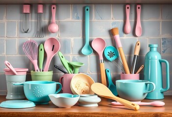 Pastel-colored baking tools & utensils arranged playfully on a countertop, ready for use, oven mitts, baking soda