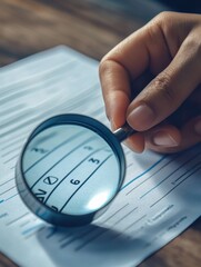 Document review process and quality control concept. Hand holding magnifying glass over a document icon with checklist, Document review and approval. Certificate management, Audit, Standardization