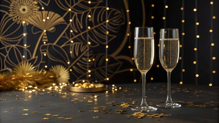 Two champagne flutes festive new years eve celebration gold decor