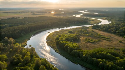 Obraz premium Serpentine river winding through lush green forest at sunset