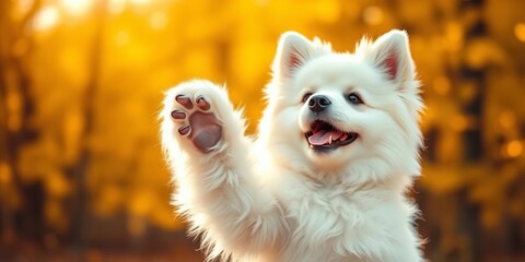 Fototapeta premium Fluffy white dog playfully raises paw, golden autumn background, golden hour, happy