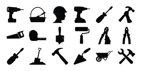 Construction tools icons silhouette isolated on white background