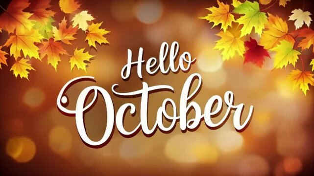 Hello October - Inspirational happy fall, autumn beautiful handwritten quote, gift tag, lettering message. Hand drawn autumn, October phrase. Handwritten modern brush calligraphy. Happy Thanksgiving