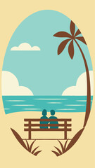 Obraz premium Couple enjoying tropical beach scene with palm tree in retro minimalist design