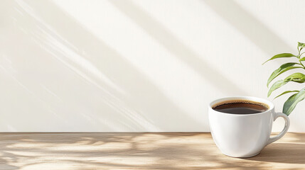 serene cup of coffee sits on wooden table, surrounded by soft shadows and touch of greenery, inviting relaxation and warmth