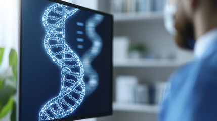 person observing digital display of DNA double helix, showcasing intricate molecular structures and scientific research
