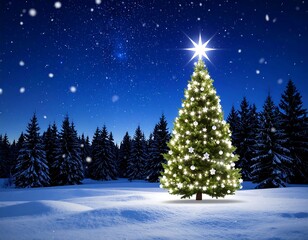 Obraz premium Christmas tree in snowy forest at night