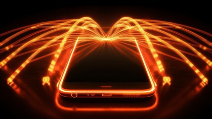 Glowing orange light streaks emanate from a smartphone, symbolizing connectivity and data transfer.