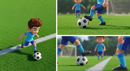 Obraz premium Cartoon Boy Playing Soccer on Green Field Collage