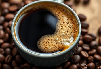 Close-up of frothy crema on brewed coffee, surrounded by beans, rich, cafe