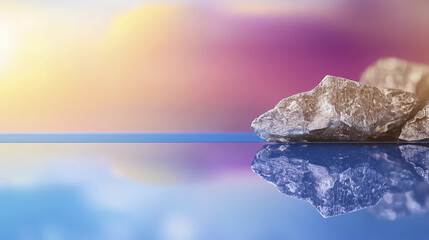 serene landscape featuring reflective surface with large rock, creating tranquil atmosphere. soft gradient of colors background enhances peaceful