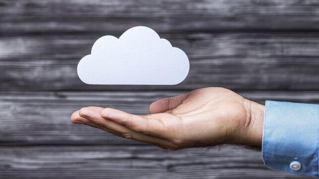 hand holding cloud symbol, representing cloud computing and technology. image conveys sense of innovation and digital solutions