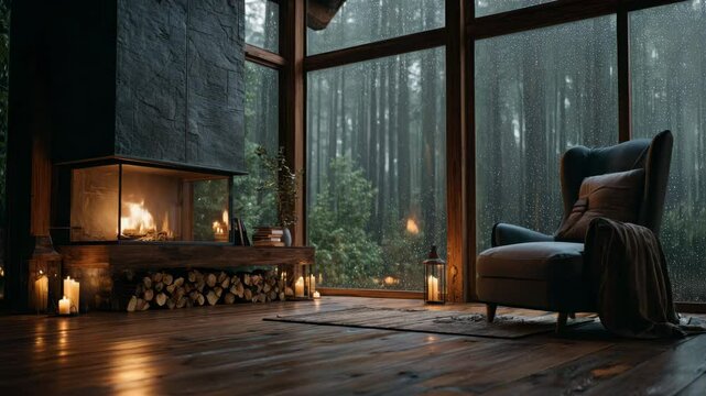 Cozy Cabin Interior with Fireplace and Rainy Forest View