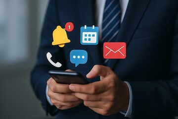 Businessman using smartphone with notification icons