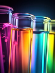 Colorful test tubes in a science lab setting, glowing with vibrant hues for a dynamic website banner or background header