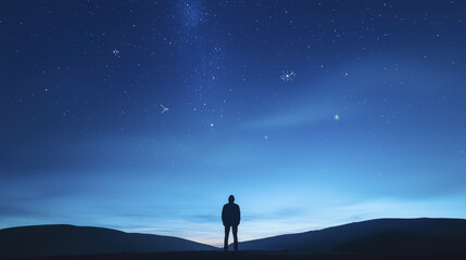 Fototapeta premium person standing under starry sky, gazing at vast universe filled with stars and constellations, evokes sense of wonder and tranquility