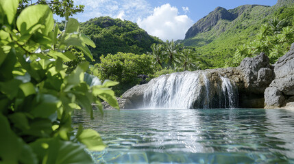 Naklejka premium serene waterfall cascades into tranquil pool, surrounded by lush greenery and majestic mountains, creating picturesque natural paradise