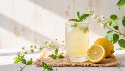 Fototapeta premium Fresh lemon drink with mint leaves next to sliced lemon on table 