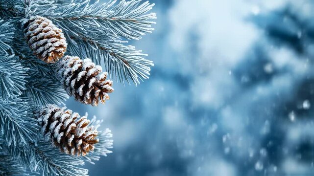 Magical winter background of snow-covered pine cones and spruce branches in snowfall