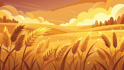 Golden wheat field landscape with sunlight and clouds in a warm autumn scene