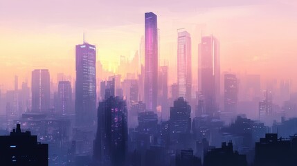 Fototapeta premium Futuristic Urban Landscape at Dusk with Skyscrapers Shrouded in Mist and Soft Neon Glow Under a Purple Sky