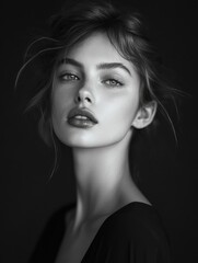 A timeless black-and-white studio portrait of a woman with dramatic lighting emphasizing her features