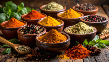 Fototapeta premium Colorful Spice Powders in Rustic Bowls