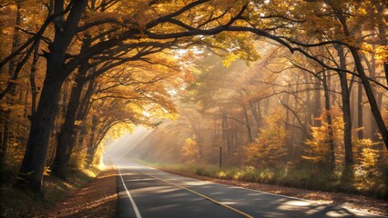 Fototapeta premium Autumn road through golden forest sunbeams mist