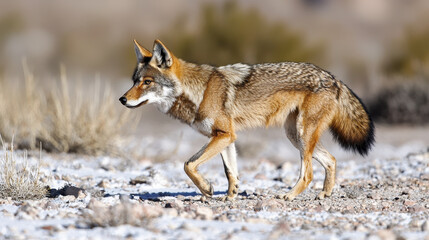 Fototapeta premium majestic wolf walking gracefully across snowy landscape, showcasing its beautiful fur and keen expression