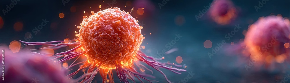 Poster chemotherapy effect diagnosis and discovery in oncology concept. microscopic view of a vibrant cell 