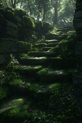 Moss-covered stone steps leading into a shaded forest.