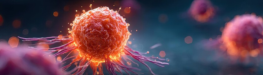 Chemotherapy effect diagnosis and discovery in oncology concept. Microscopic view of a vibrant cell with intricate details.