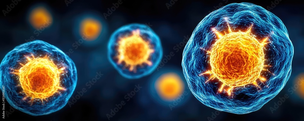 Poster immune response discovery and treatment mechanism concept. microscopic cells with vibrant colors flo