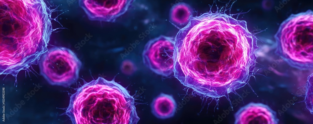 Poster immune response discovery and treatment mechanism concept. colorful microscopic view of cells in vib