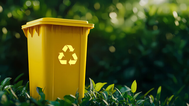 A yellow recycling bin stands among green foliage, symbolizing environmental conservation and waste management.
