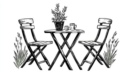Outdoor bistro table and chairs with plants.