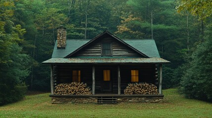 Rustic log cabin nestled in misty forest