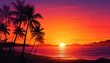 Vibrant Tropical Sunset: Palm Trees Silhouette on a Calm Ocean Beach