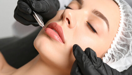 Young woman receiving permanent lip makeup procedure in beauty salon, closeup of face with relaxed expression, professional artist wearing black gloves