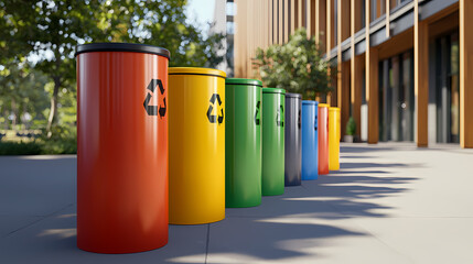 Colorful recycling bins lined up outdoors near a modern building, promoting environmental sustainability and waste separation.