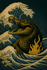 golden crocodile on black background